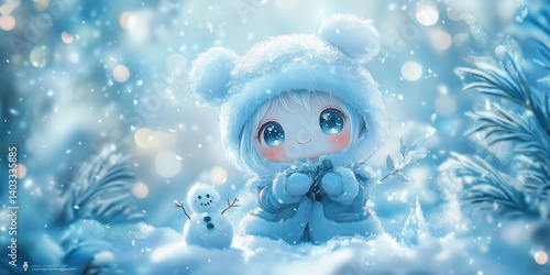 Adorable Chibi in Blue Winter Outfit with Snowman in Snowy Landscape