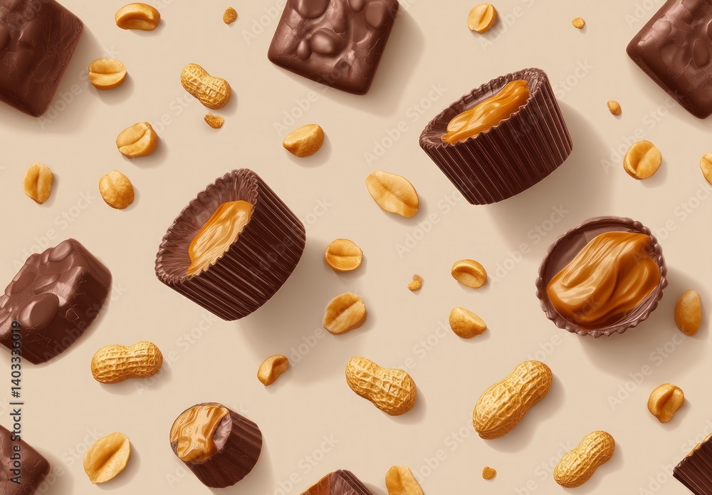 Fototapeta premium Chocolate Peanut Candy Background with Cups and Bars for Sweet Treats