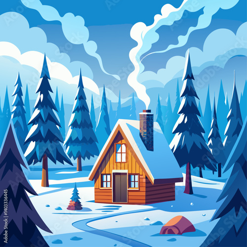 A cabin in the woods with a chimney and smoke coming out of it. The cabin is surrounded by trees and there is a path leading to it. The scene is peaceful and serene, with the cabin providing a cozy