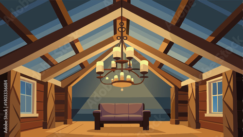 A rustic wood beam ceiling with an elegant chandelier illuminating a cozy living room.