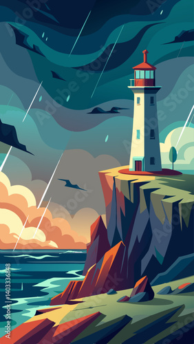 A lighthouse is on a rocky cliff overlooking a body of water. The sky is dark and stormy, with rain pouring down. The lighthouse is lit up, providing a sense of safety