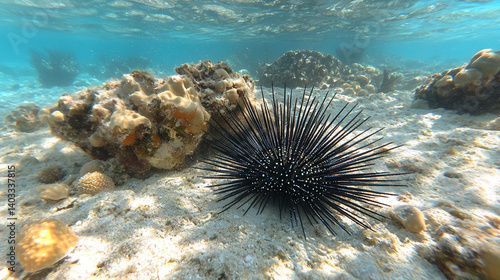 Underwater view of a black sea urchin resting on a coral reef.