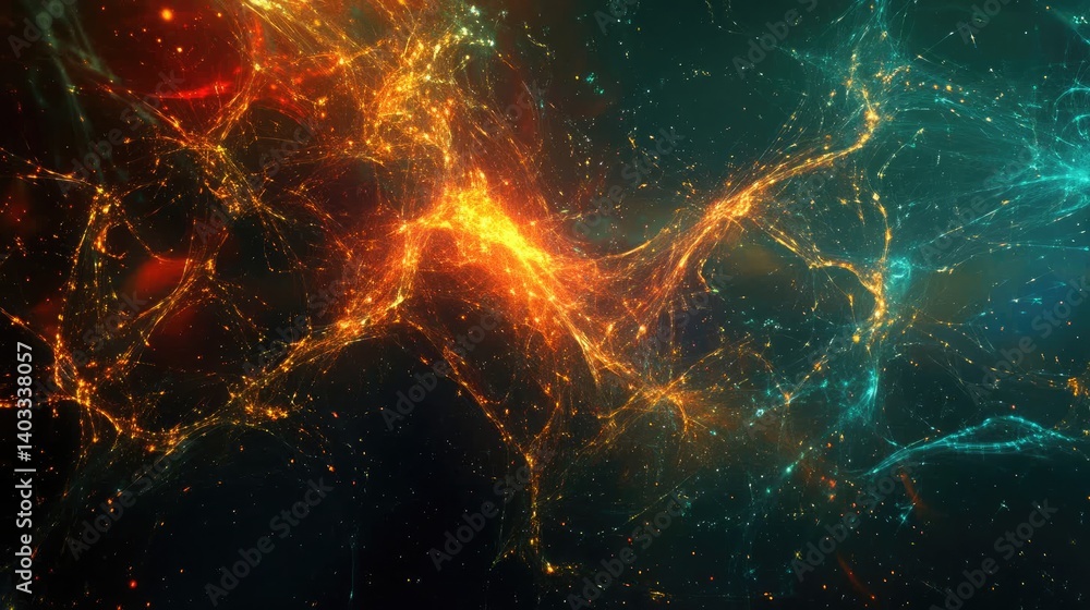 Abstract futuristic glowing network of interconnected bright light points, resembling a cosmic web or neural system. Concept of energy flow, technology, and digital connections in a dark space. Abstract futuristic glowing network of interconnected bright light points, resembling a cosmic web or neural system. Concept of energy flow, technology, and digital connections in a dark space.