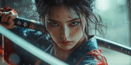 Determined Young Woman Warrior Wielding Katana in Rain