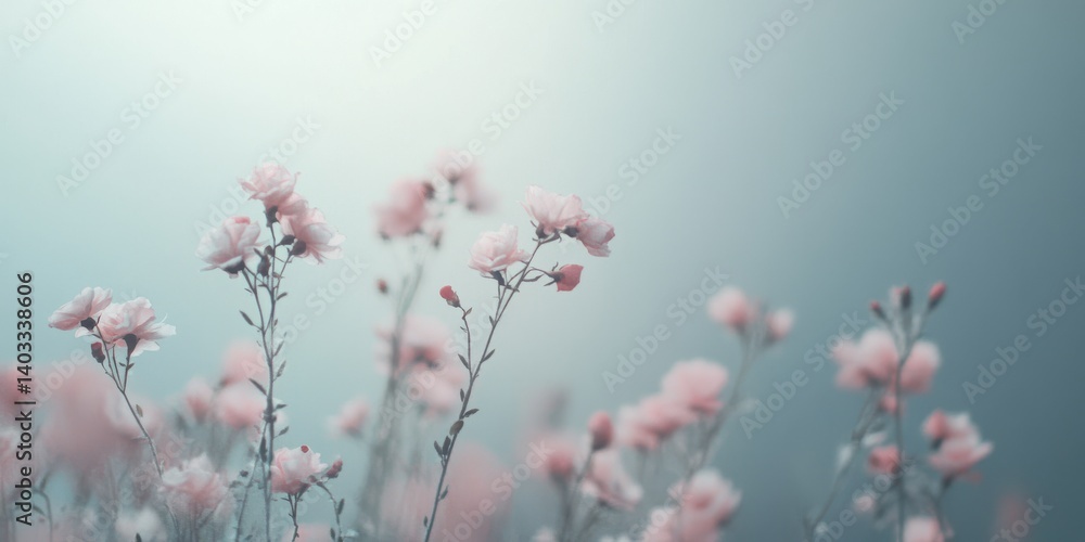 Soft Pink Flowers in a Misty Field Delicate Petals and Tranquil Atmosphere Soft Pink Flowers in a Misty Field Delicate Petals and Tranquil Atmosphere
