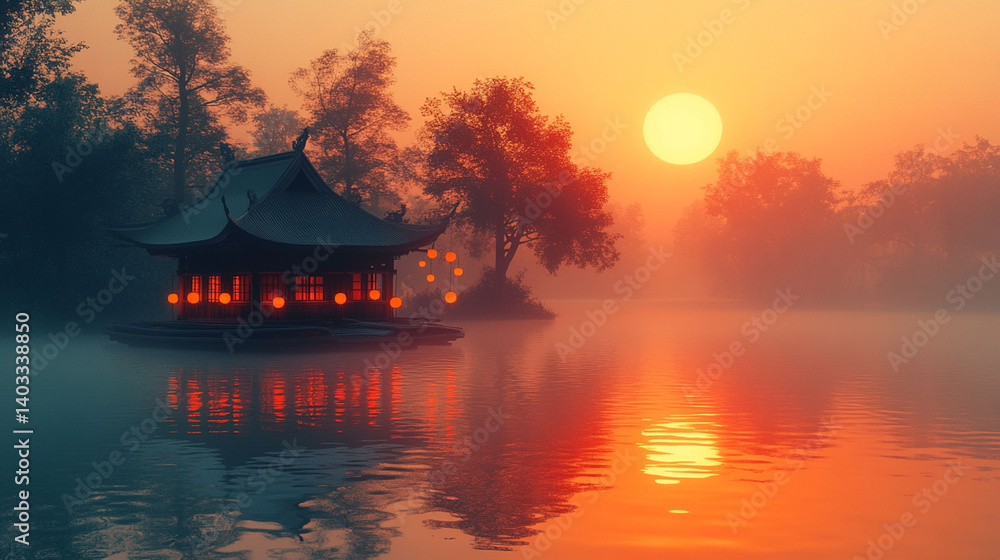 Fototapeta premium Serene, floating Chinese pavilion at sunrise, illuminated by lanterns.