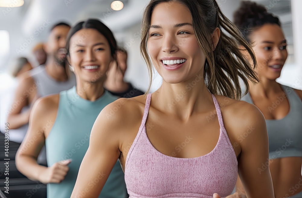A group of people running on treadmills in the gym, side view. A group of people running on treadmills in the gym, side view.