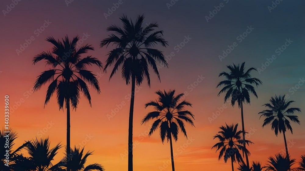 Overlapping palm tree silhouettes with a gradient sky from blue to tangerine Overlapping palm tree silhouettes with a gradient sky from blue to tangerine