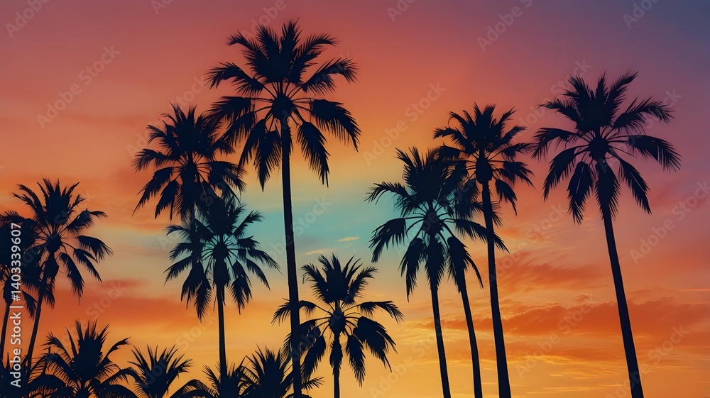 Overlapping palm tree silhouettes with a gradient sky from blue to tangerine Overlapping palm tree silhouettes with a gradient sky from blue to tangerine