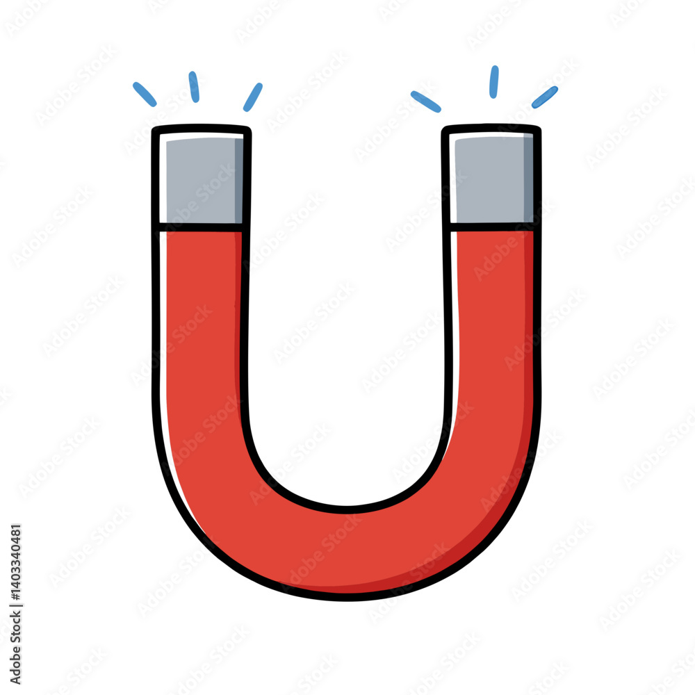 A cartoon illustration of a red horseshoe magnet with gray poles, concept for attraction, magnetism, and physics education A cartoon illustration of a red horseshoe magnet with gray poles, concept for attraction, magnetism, and physics education