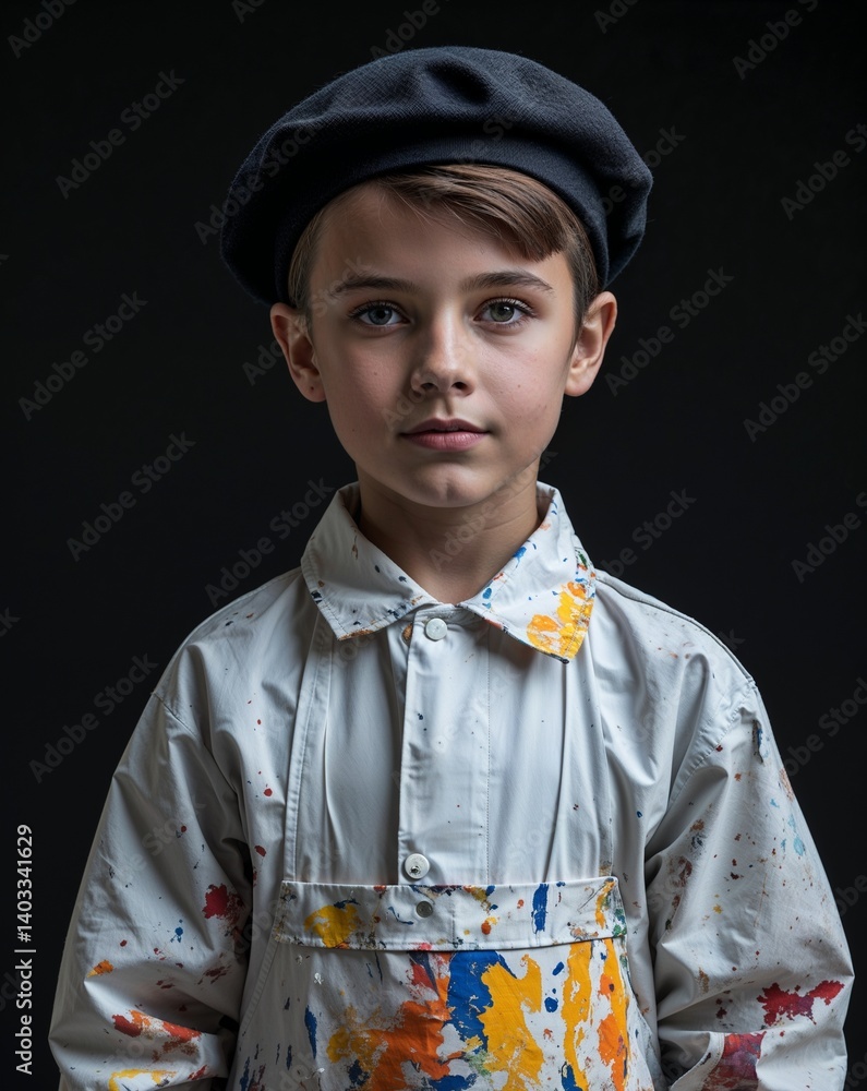 boy in painter smock and beret portrait view on plain black background boy in painter smock and beret portrait view on plain black background