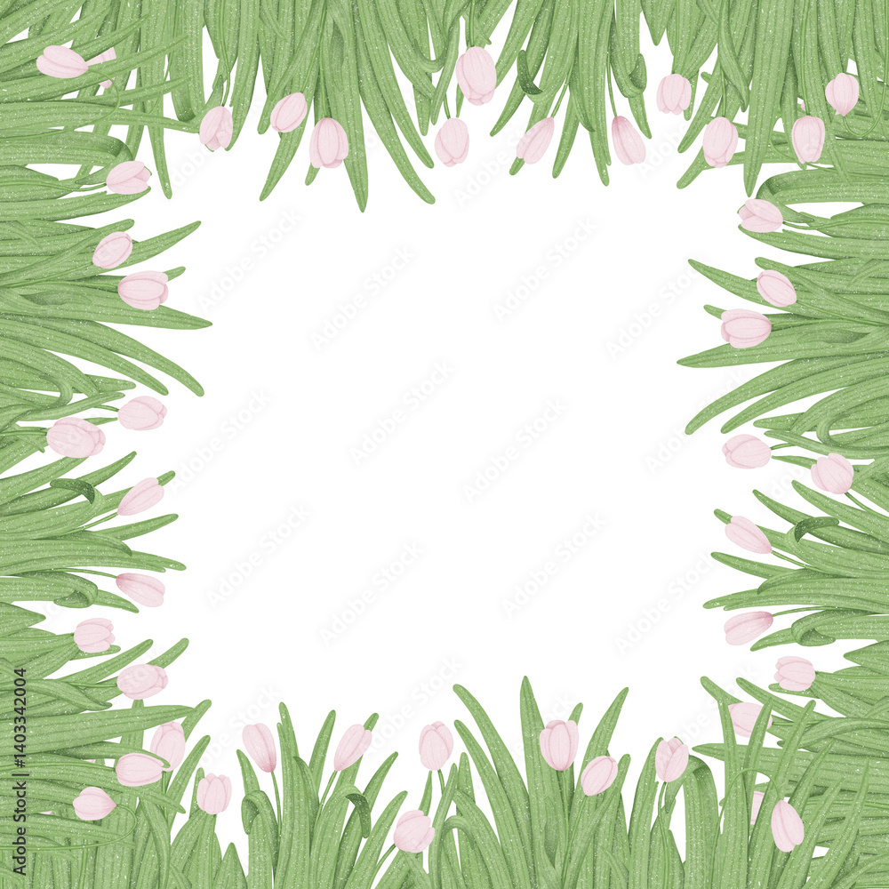 Naklejka premium Floral frame with pink tulips and green grass. Hand drawn illustration.