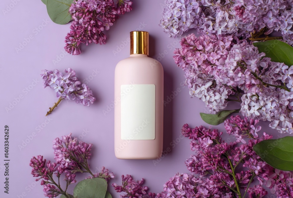 Cosmetic Bottle Mock Up Surrounded by Blooming Lilac Flowers on Lilac Background