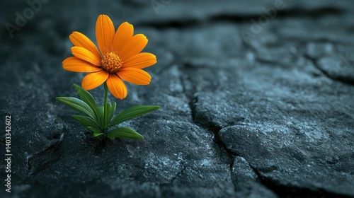 Resilience: A Single Orange Flower Blooming on Dark Cracked Stone