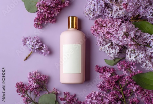 Obraz na płótnie Cosmetic Bottle Mock Up Surrounded by Blooming Lilac Flowers on Lilac Background w salonie