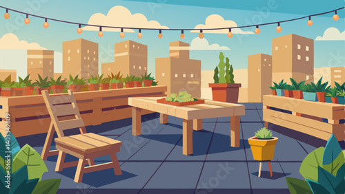 A rooftop garden with raised planters made of reclaimed wood a wooden table and chairs and strings of outdoor lights creating a warm organic ambiance.