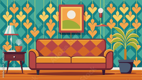 A vibrant patterned wallpaper in a living room offset by a cleanlined leather couch and a wooden console table.