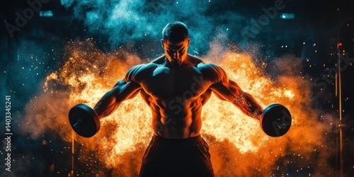 Muscular Man Lifting Dumbbells in Fiery Flames
