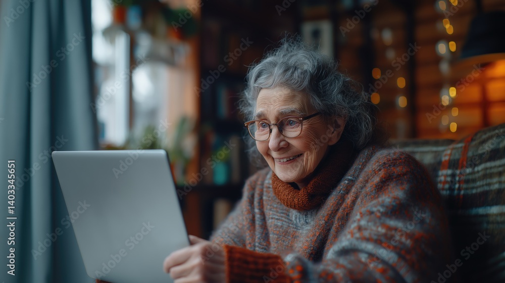 Senior woman using laptop in cozy home. Smiling happily while interacting online. Relaxed, engaged posture Senior woman using laptop in cozy home. Smiling happily while interacting online. Relaxed, engaged posture