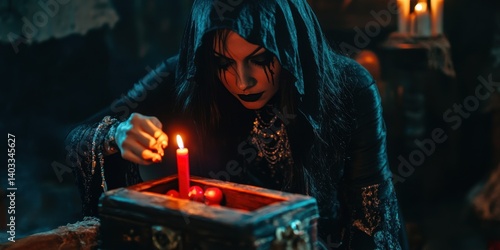 Mysterious Woman in Dark Hooded Cloak Lighting Red Candle Beside Wooden Box Filled with Red Objects in Dimly Lit Gothic Setting