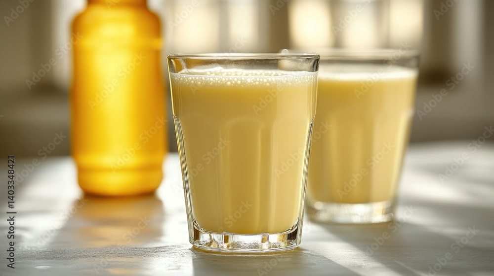 Two glasses of creamy, light yellow smoothie. Healthy drink in clear glasses on a table Two glasses of creamy, light yellow smoothie. Healthy drink in clear glasses on a table