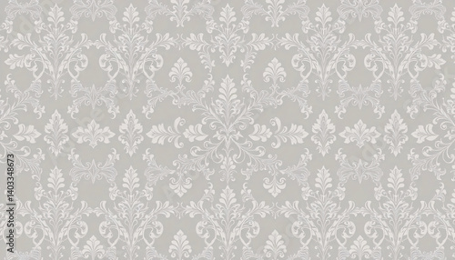 An image of a repeating pattern of off-white damask-style floral designs on a light gray background
