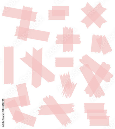 Set of beige semi-transparent washi tapes isolated on white. Tapes collection in vector. Pieces of decorative tape for scrapbooks. Torn paper. Red, pink