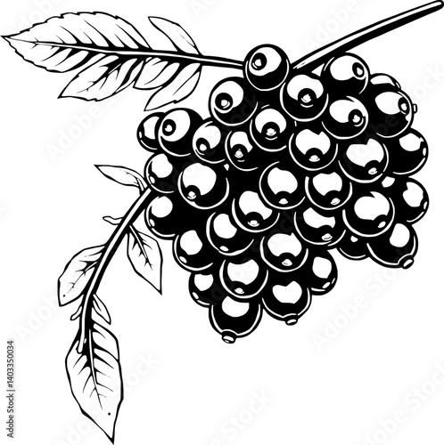 Black And White Illustration Of A Cluster Of Ripe Black Currants On A Branch With Leaves