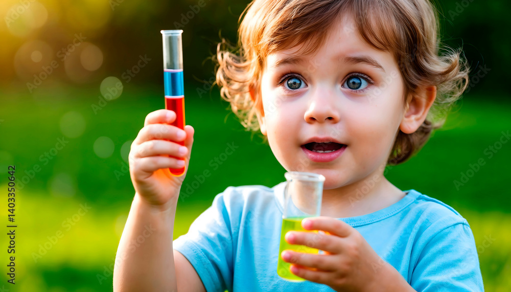 Child with test tube outdoors - science experiment with colored liquid in hands