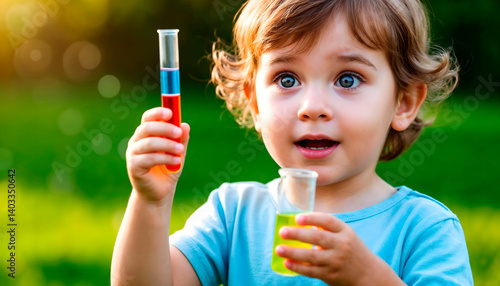 Obraz na płótnie Child with test tube outdoors - science experiment with colored liquid in hands w salonie