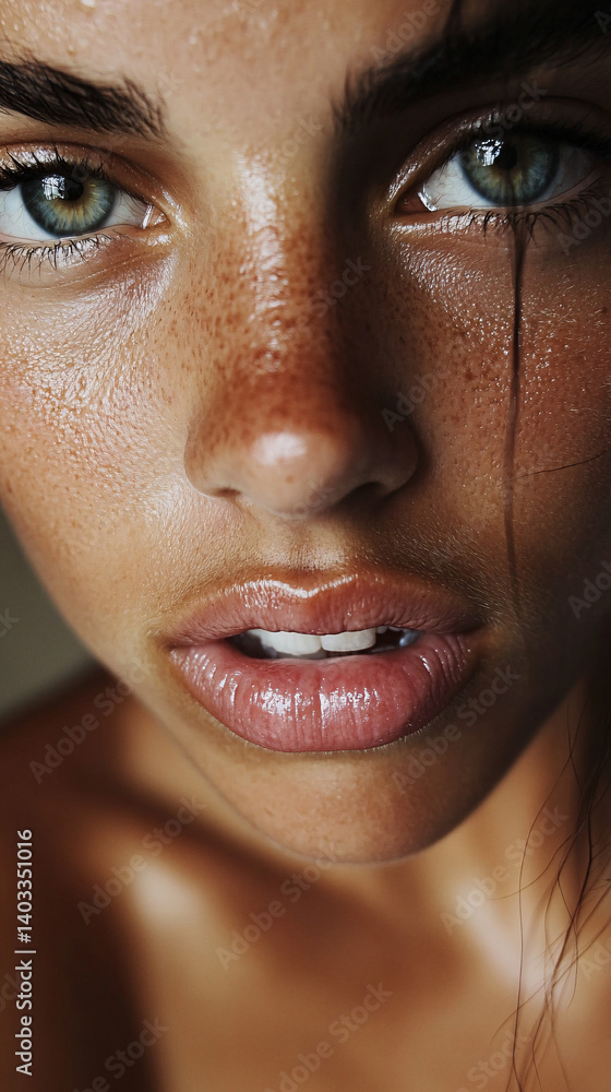 A serious woman with tan freckled skin and light eyes in natural soft lighting
A serious woman with tan freckled skin and light eyes in natural soft lighting