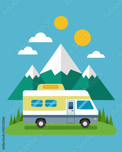 From the mountains to the plains this solarpowered RV has got you covered – its panels ensure that you always have energy no matter where you go.. Vector illustration