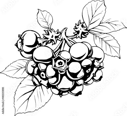 A Detailed Illustration Of A Cluster Of Ripe Blueberries On The Branch With Lush Green Leaves