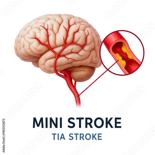 Mini stroke illustration showing brain with highlighted blood vessel blockage indicating TIA stroke