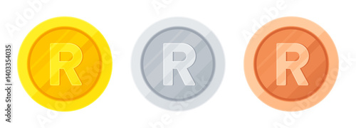 Set of gold, silver and copper coins with South African rand sign (R). Economy, finance, investment, profit, money, ZAR currency concept. Flat vector illustration isolated on white background
