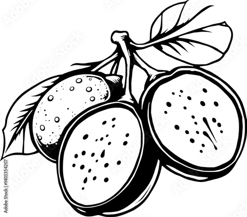 Stylized Black And White Illustration Of Three Pitayas With Leaves