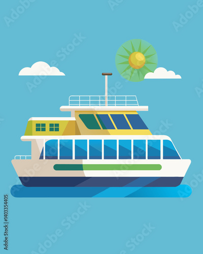 As the ferry makes its way down the river the solar panels on its roof are constantly aligning with the sun maximizing its energy efficiency.. Vector illustration
