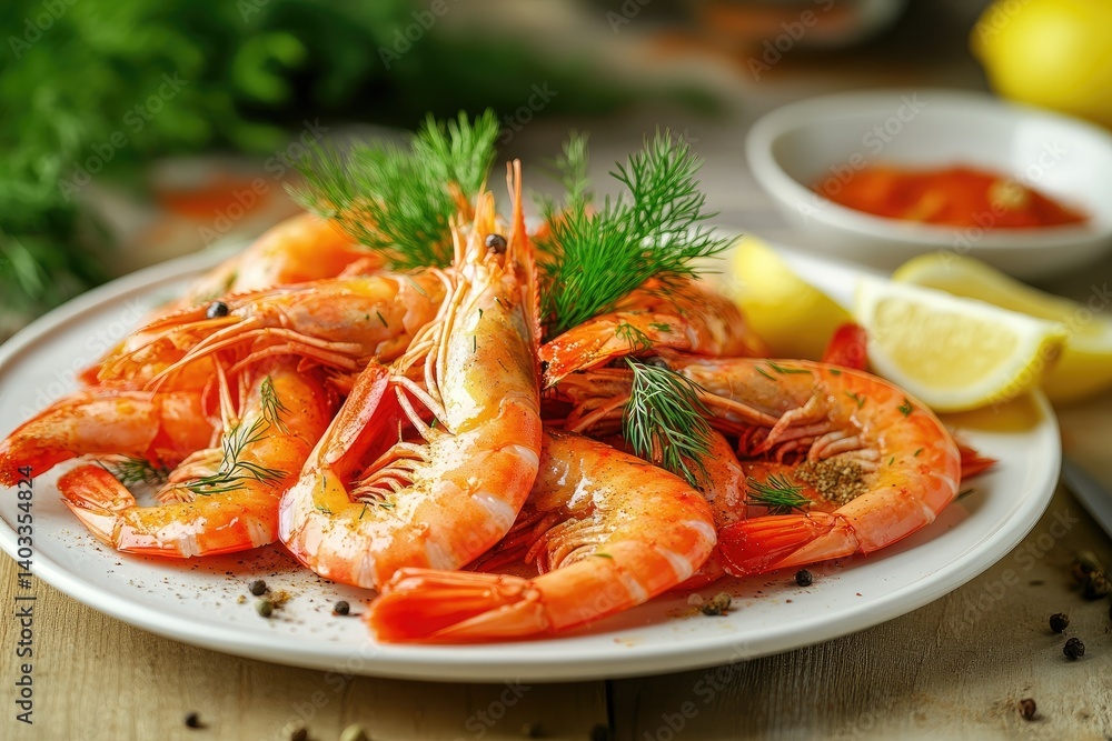 A high-resolution professional food photograph of a large serving of unpeeled king prawns with heads on A high-resolution professional food photograph of a large serving of unpeeled king prawns with heads on