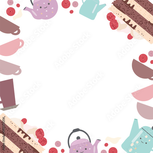 Tea time border frame with cup of tea,teapot,cake, and berries on white background.Hand drawn set of sweet food ingredient. Vector illustration in cartoon style