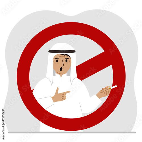 A man with a cigarette in his hand. Around the man is a red prohibition sign. The concept of addiction to smoking and the ban on smoking. Vector flat illustration