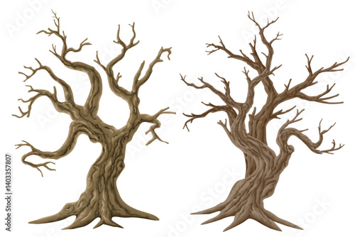 Picture set of big trees without leaves , dead old trees on ,White background ,vector illustration