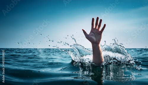 Emerging for Help: A lone hand reaches out from the turbulent sea, symbolizing the struggle for survival. The image evokes a sense of urgency and the need for immediate assistance.