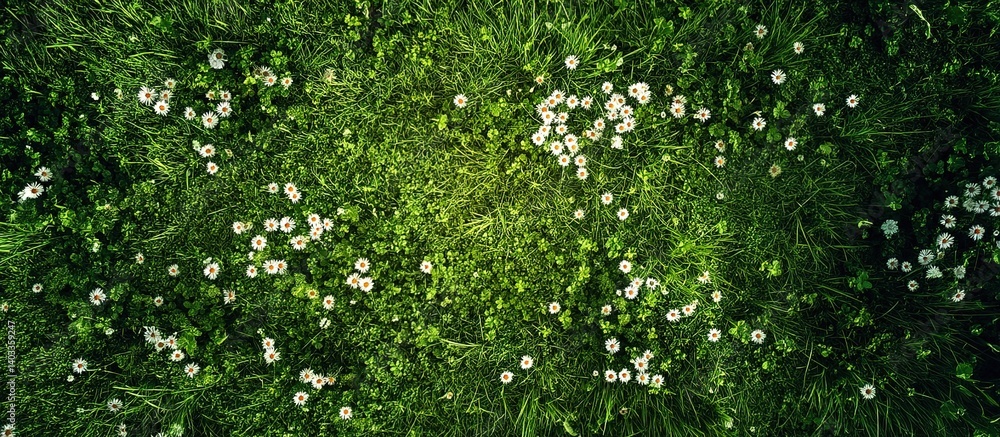 Top-down view of a vibrant green grassy field with scattered white daisies, natural daylight Top-down view of a vibrant green grassy field with scattered white daisies, natural daylight