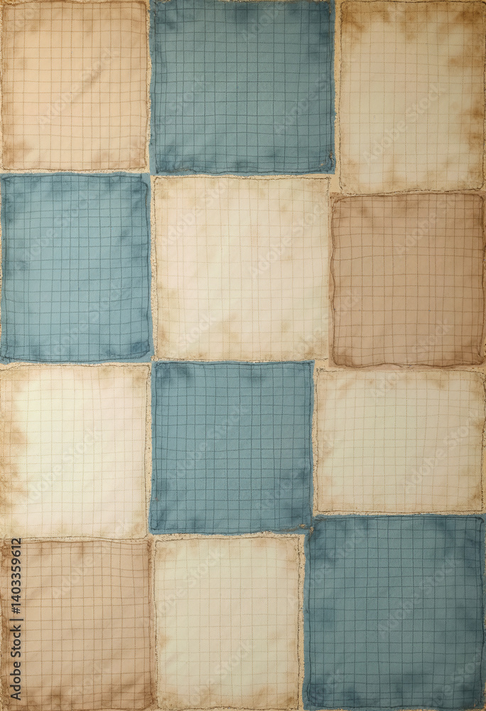 Fototapeta premium Experience the aged charm of a flat woven fabric, its patchwork squares in cool beige, blue, and cream hues creating a seamless and elegant pattern for design.
