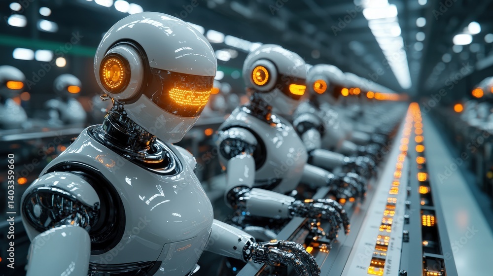 Fototapeta premium Futuristic robotics assembly line featuring humanoid robots working in unison in a high-tech factory