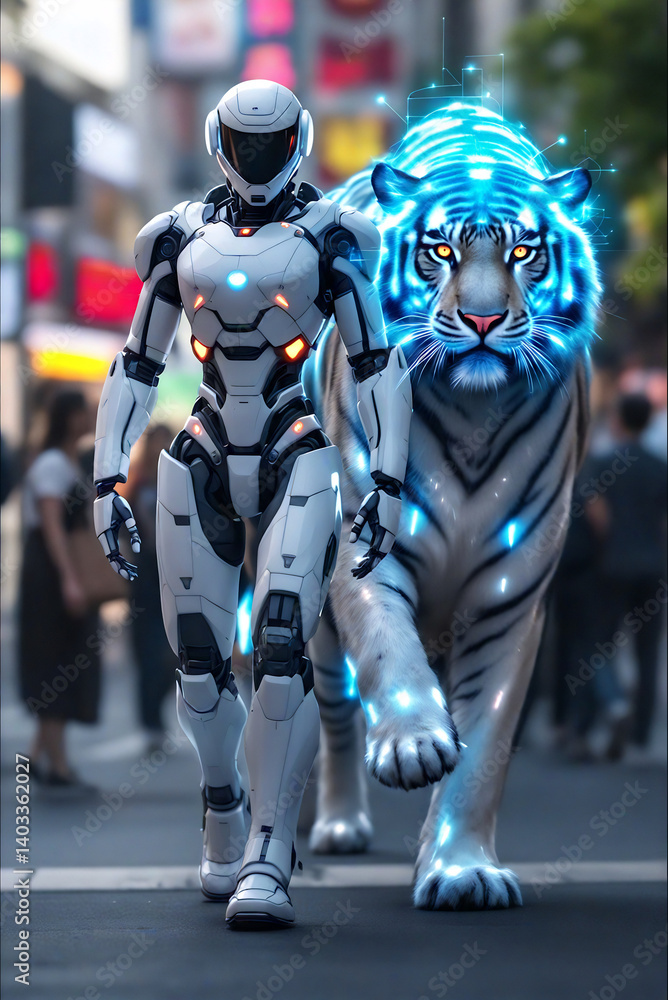 A futuristic robot and a holographic tiger, walking side by side on a digital street
A futuristic robot and a holographic tiger, walking side by side on a digital street