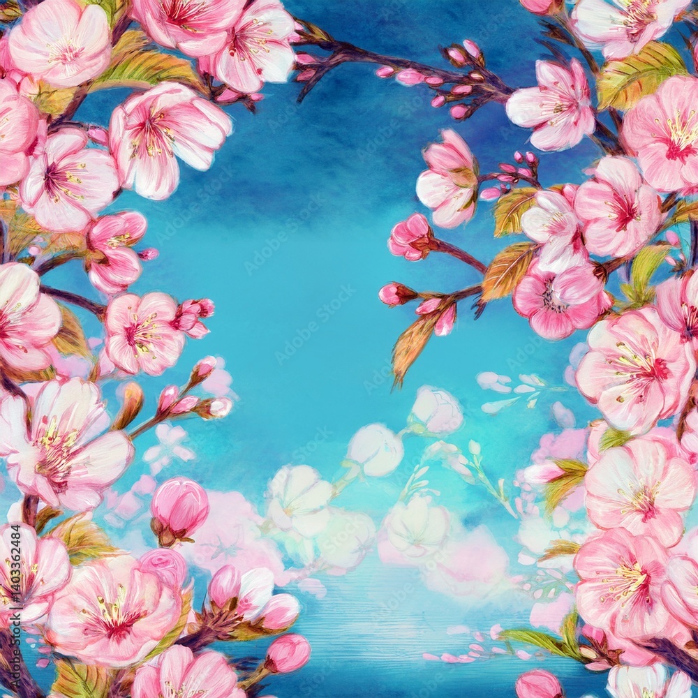 creative border frame illustration of beautiful cherry blossom in springtime seamless wallpaper on blue sky background, graphic resource creative border frame illustration of beautiful cherry blossom in springtime seamless wallpaper on blue sky background, graphic resource