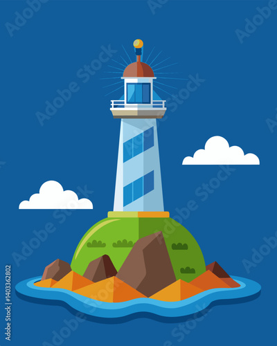Standing tall on a remote rocky island the solarpowered lighthouse is a technological marvel of modern times.. Vector illustration
