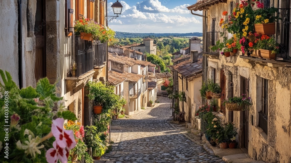 Fototapeta premium Picturesque European alleyway with charming architecture and vibrant flowers