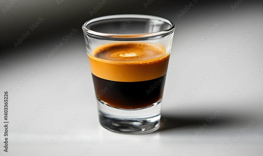 Layered espresso shot in a clear glass on a minimalist countertop with soft natural lighting Layered espresso shot in a clear glass on a minimalist countertop with soft natural lighting